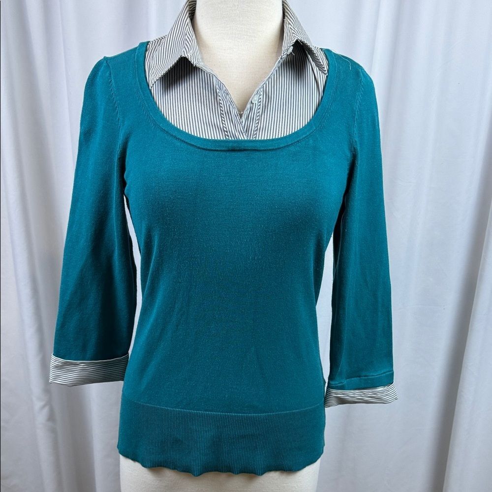 White House Black Market Turquoise Sweater with Faux Collar & Cuffs, Medium